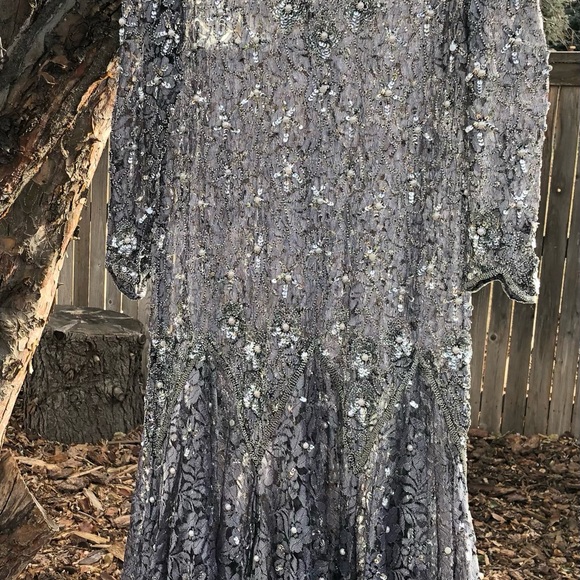 Vintage Neiman Marcus Silver Beaded Long Sleeve Drop Waist Dress Gown Medium - Picture 7 of 12